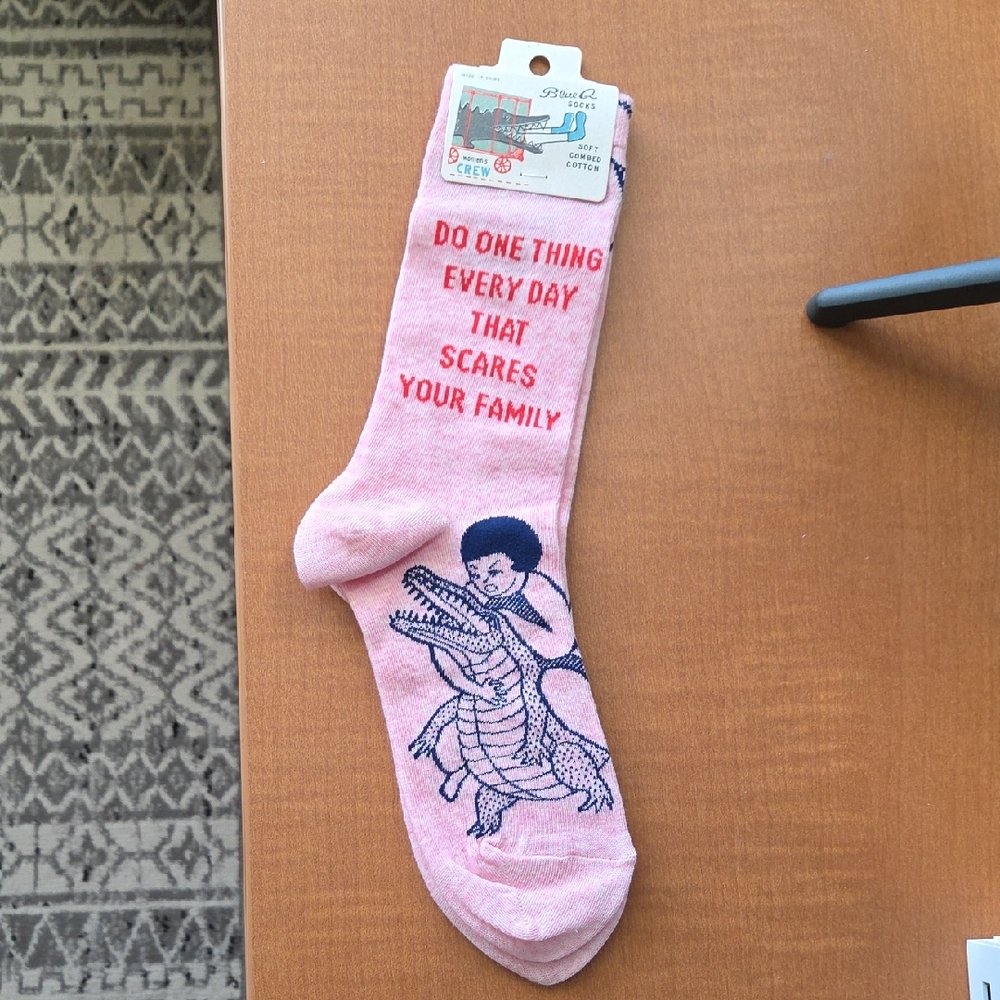 Blue Q Pink Crew Socks with Red Text